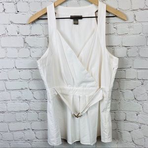 KENAR Belted Wrap Style Cotton Top L White